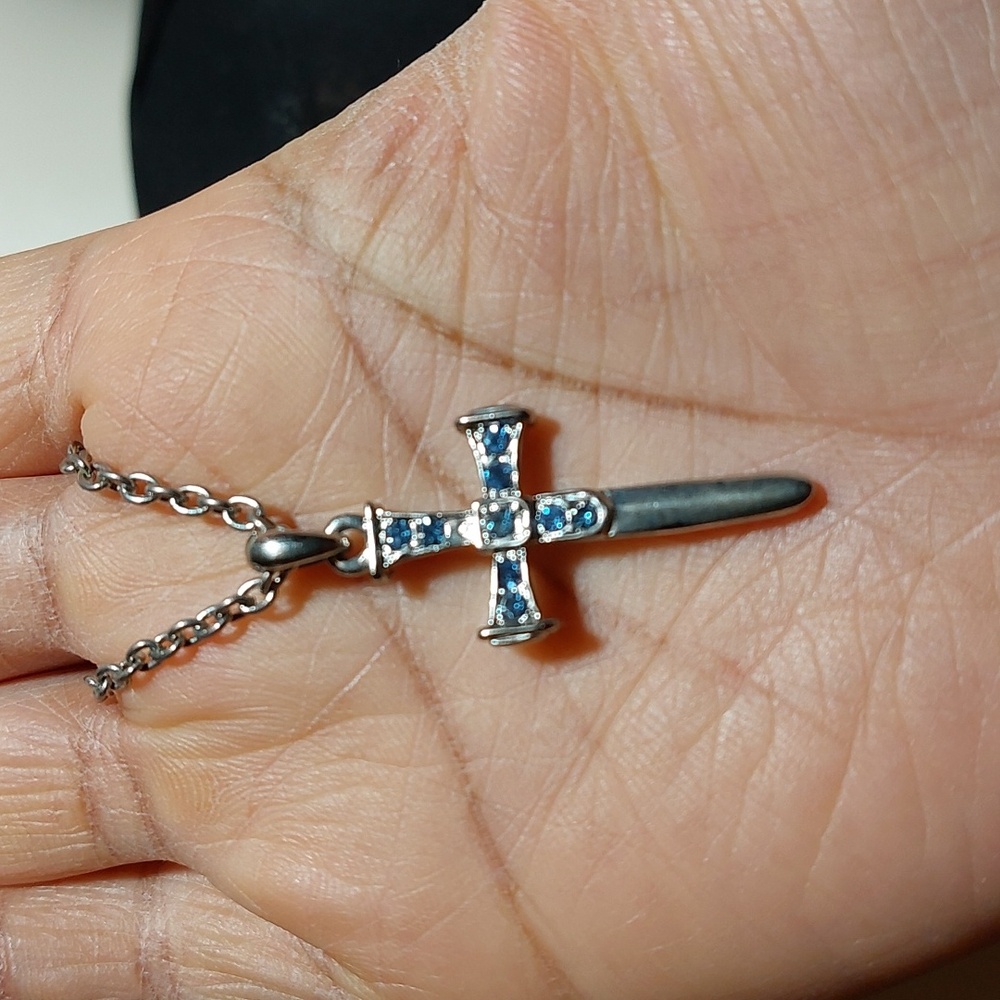 SOLD Blue Rhinestone Nail Shaped Cross Pendant Silver Tone Necklace - Picture 4 of 5